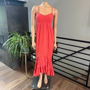 Billabong Smocked Cotton Gauze Tiered Boho Maxi Dress Coral Orange Red Size S